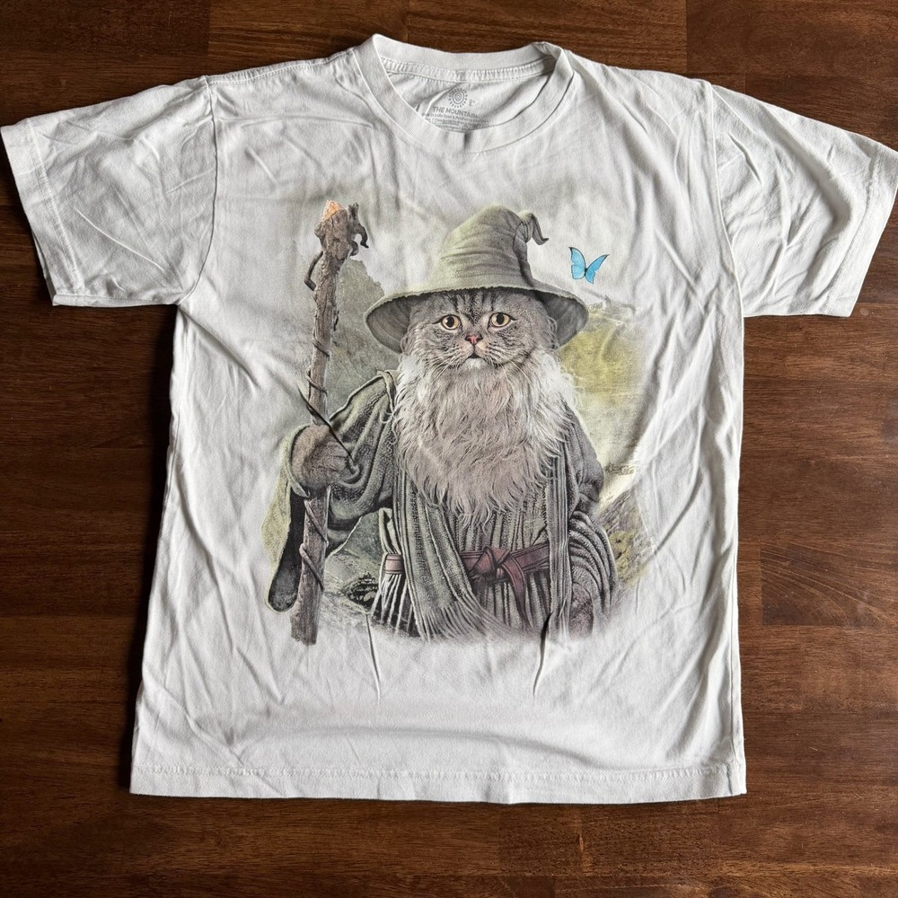 The Mountain Men's White Catdalf Tie-Dye Gandalf Wizard Cat T-shirt Size Small